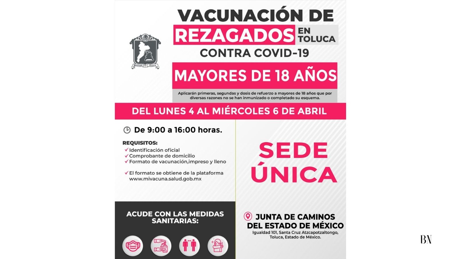 La Junta Local de Caminos, única sede para vacuna a rezagados en Toluca